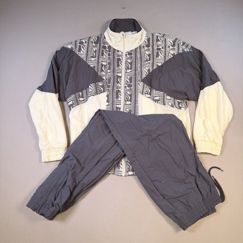 VTG 80s Adidas Trefoil Tracksuit Full Zip Jacket Pants Grey Women’s M Taiwan ROC